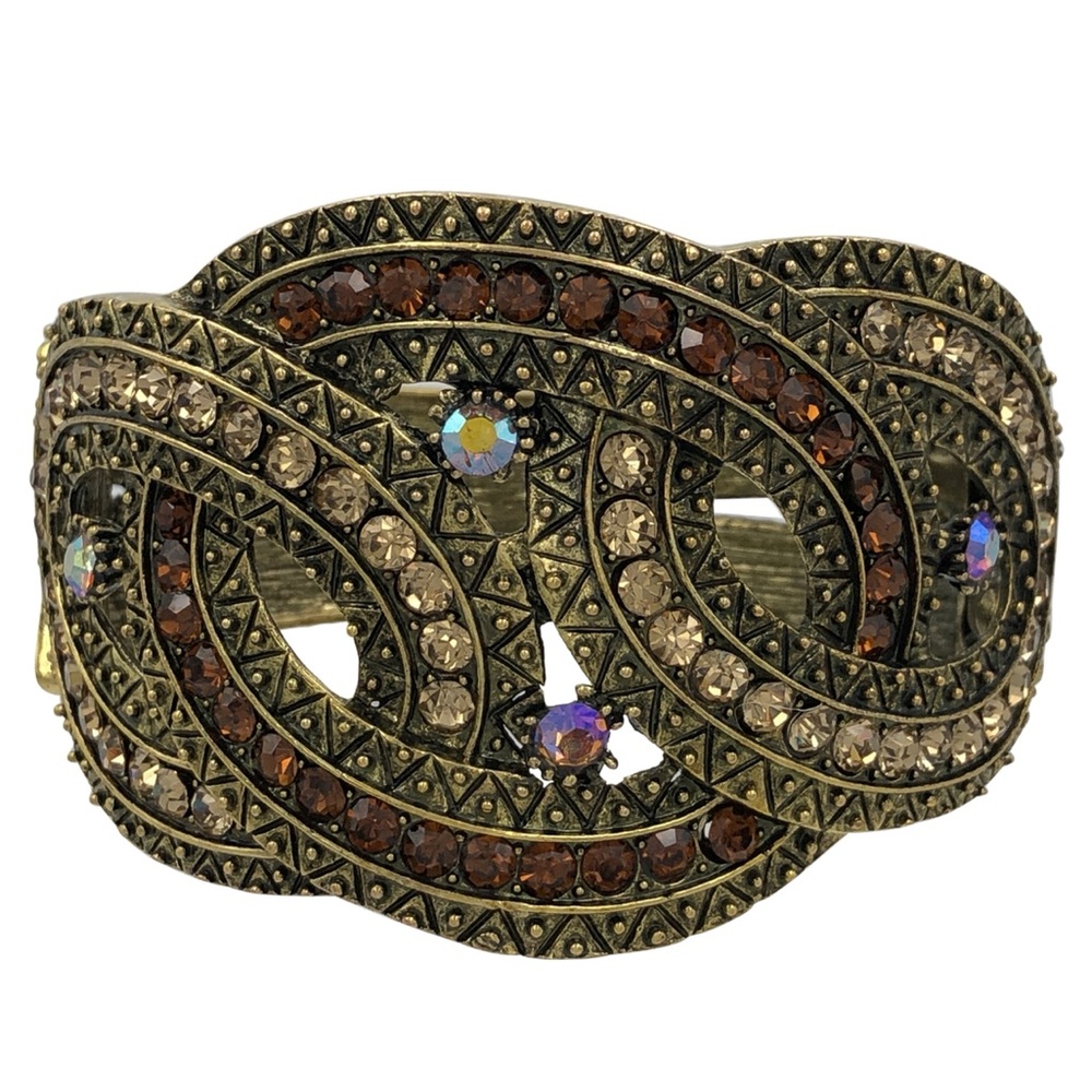 Brown Light Topaz Rhinestone Gold Tone Large Chunky Big Hinged Bangle Bracelet